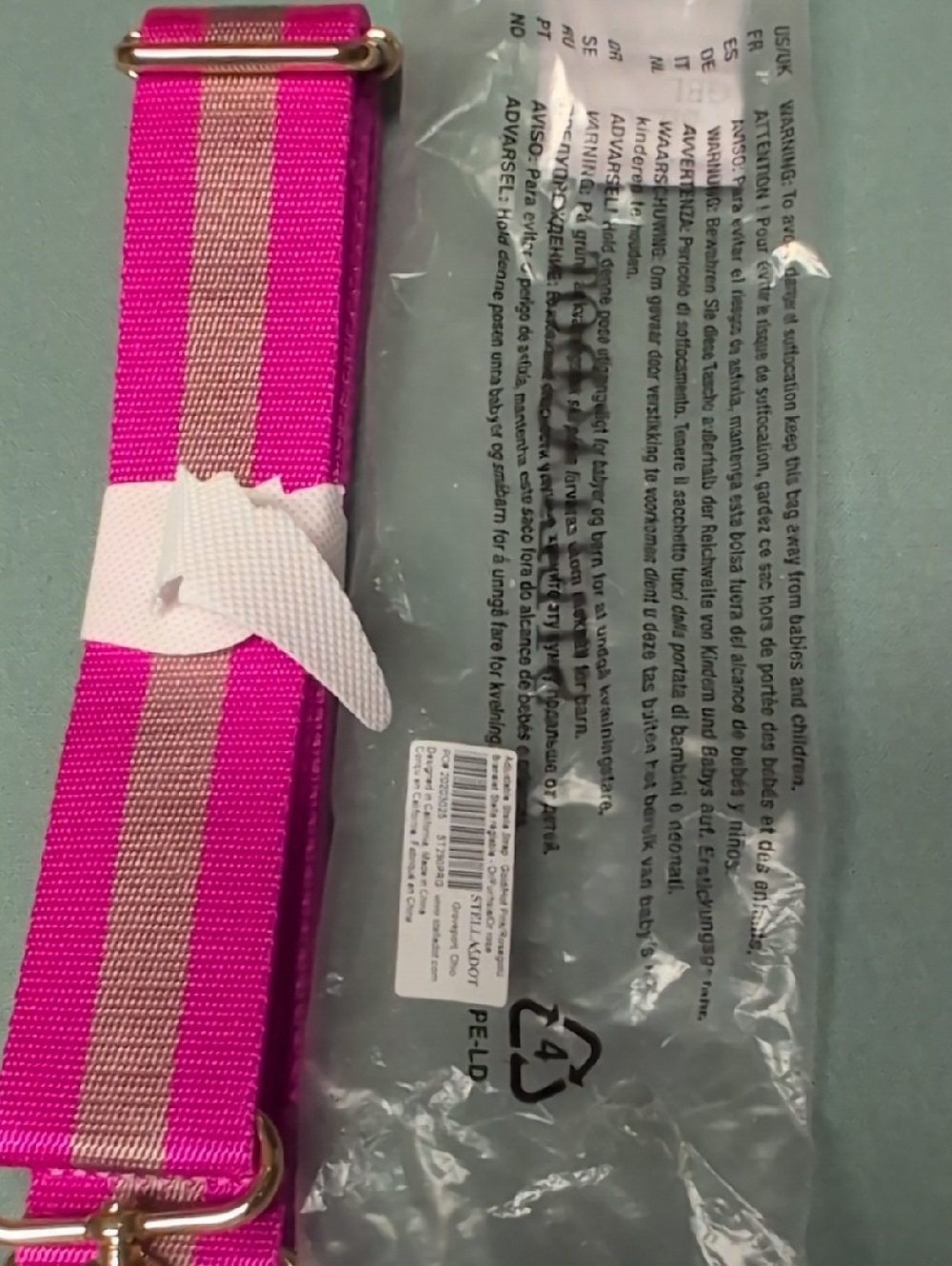 Hot Pink/Pink Striped Bag Strap with Gold Hardware 1 1/2" Wide, 20" - 52" - Picture 3 of 3